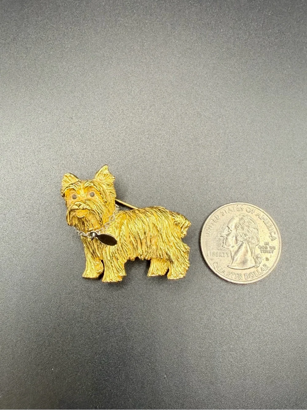 Vintage Joan Rivers Yorkshire Terrier Yorkie Brooch Pin Gold Tone JR Collar Tag